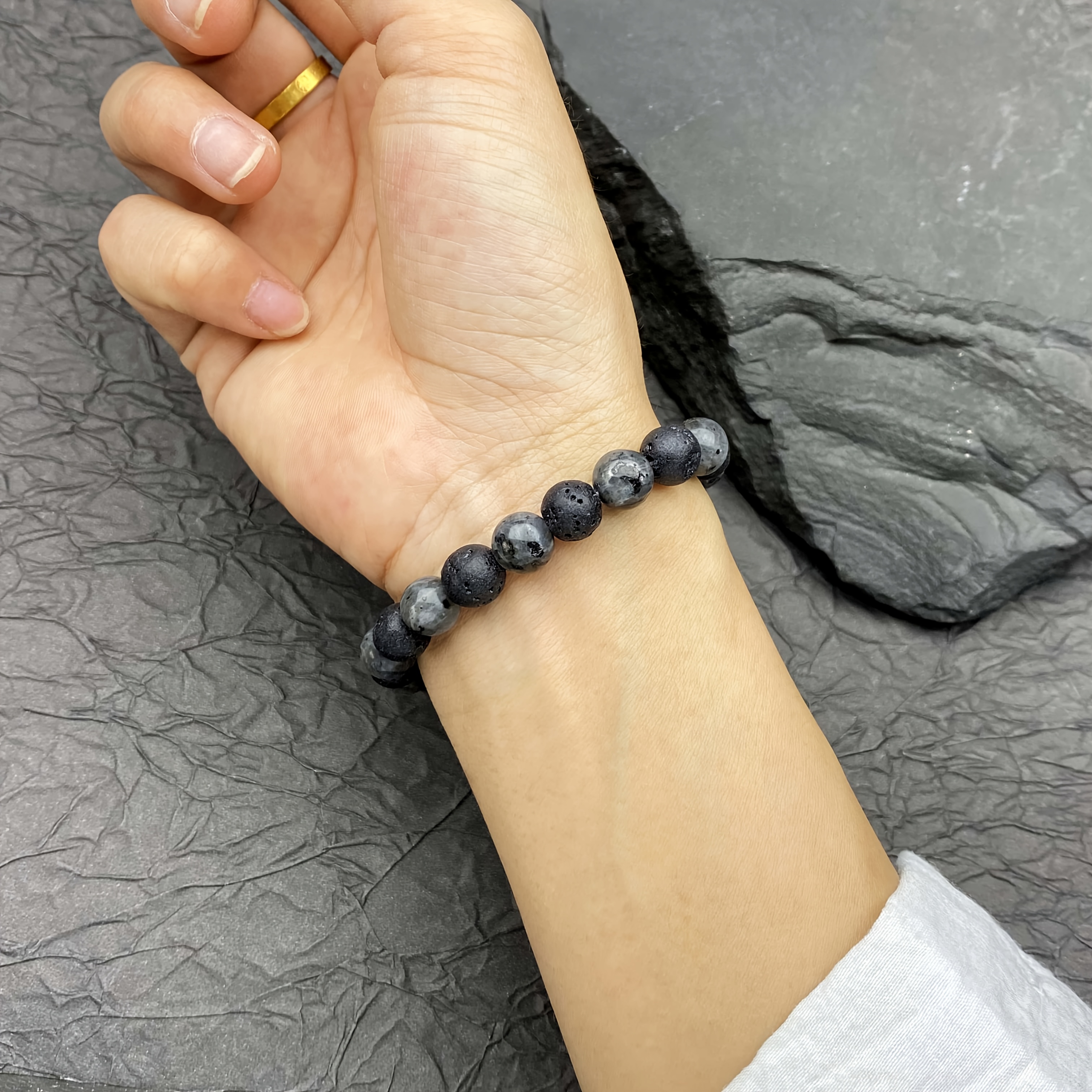 Natural Black Glitter Stone Elastic Bracelet, Unisex Gift